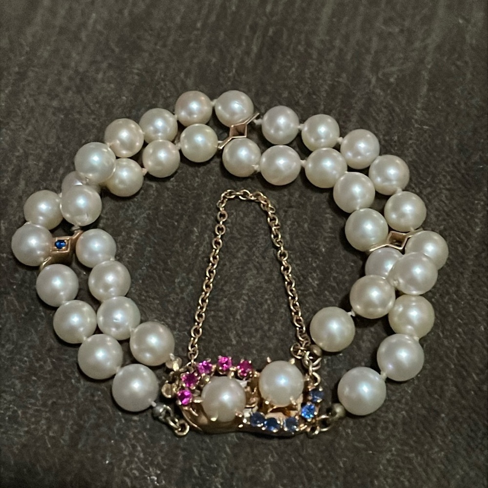 10K YG Antique PEARL RUBY SAPPHIRE GEMSTONE BRACELET 2-Strand Gold Fine Jewelry